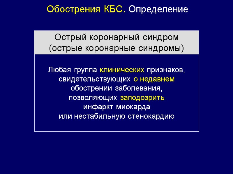 Обострения КБС. Определение   Любая группа клинических признаков, свидетельствующих о недавнем обострении заболевания,